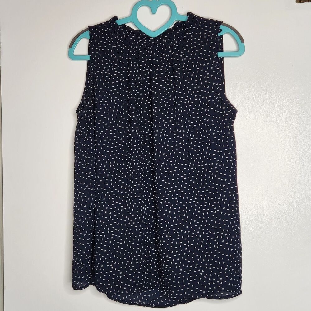 LOFT Blouse Womens Small Navy Blue White Polka Dotted Career Office Ruffle Neck